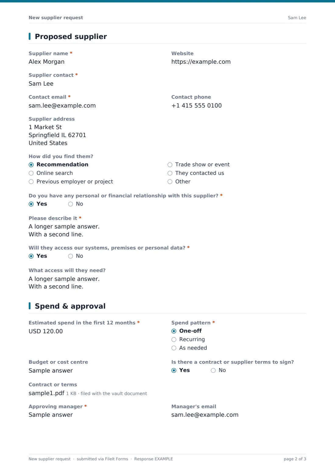 New supplier request — example response PDF, page 2 of 3