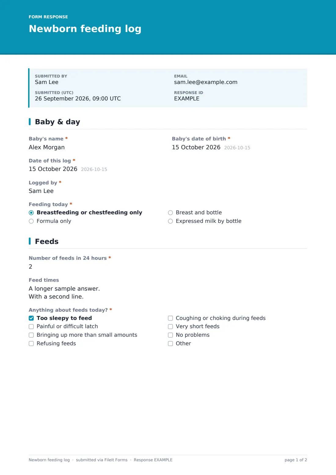 Newborn feeding log — example response PDF, page 1 of 2