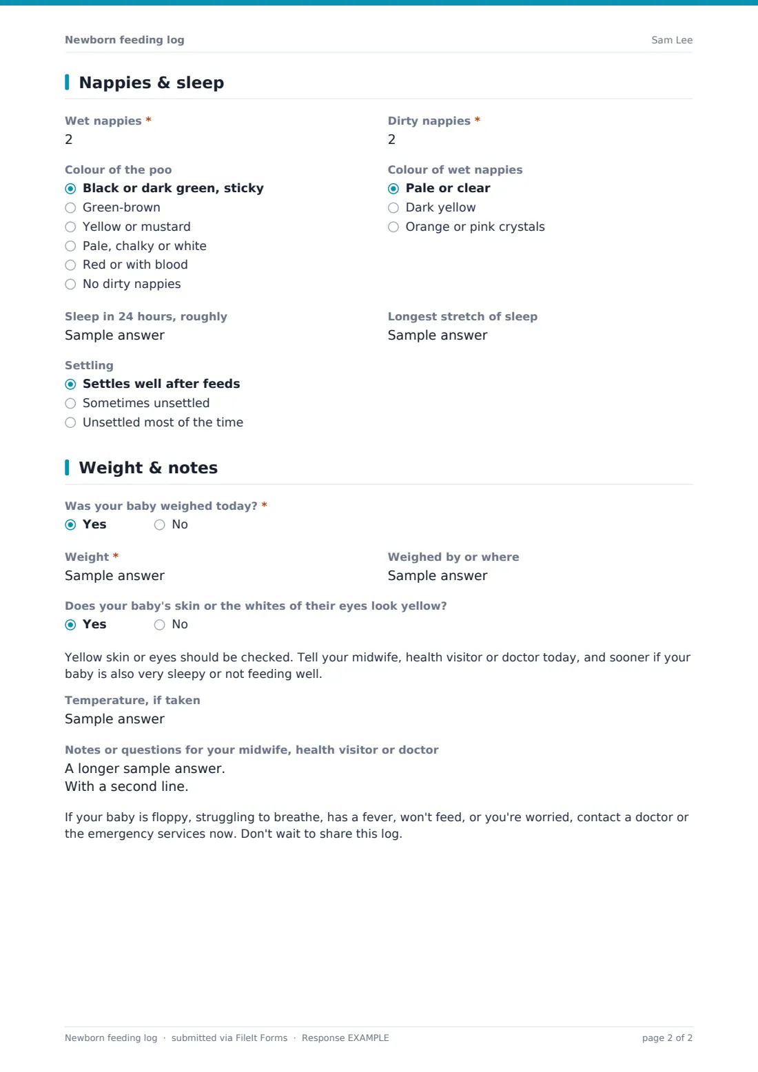 Newborn feeding log — example response PDF, page 2 of 2
