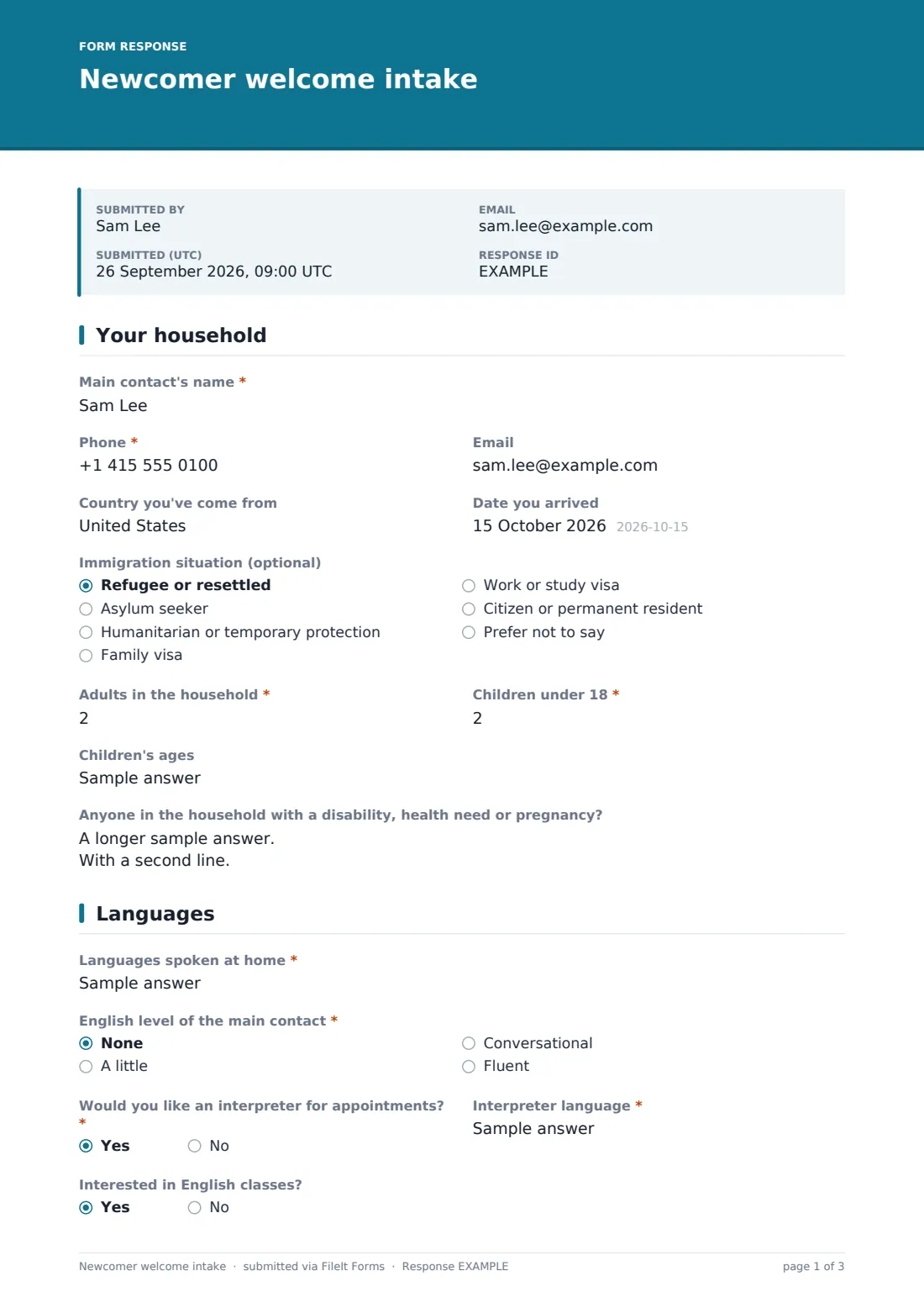 Newcomer welcome intake — example response PDF, page 1 of 3