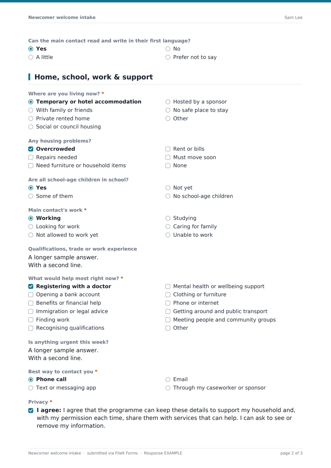 Newcomer welcome intake — example response PDF, page 2 of 3