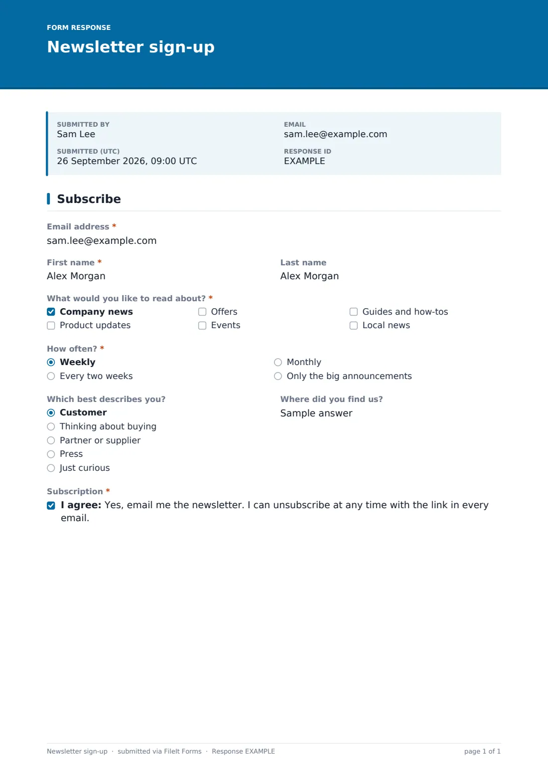 Newsletter sign-up — example response PDF, page 1 of 1
