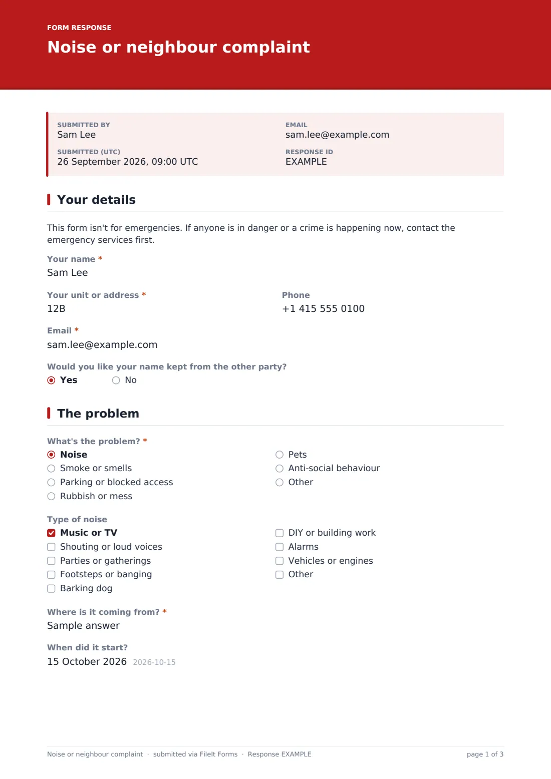 Noise or neighbour complaint — example response PDF, page 1 of 3