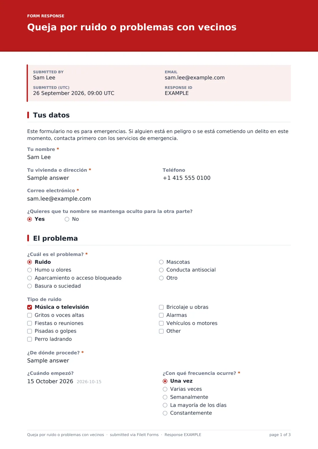 Queja por ruido o problemas con vecinos — PDF de respuesta de ejemplo, página 1 de 3