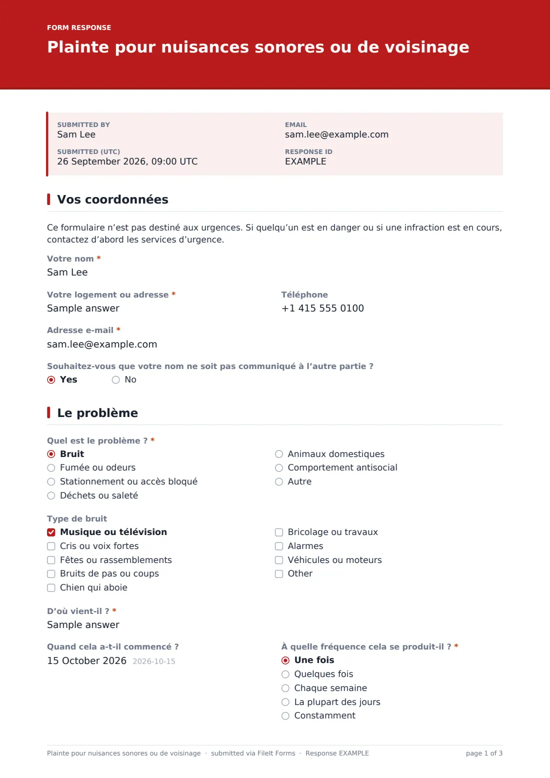 Plainte pour nuisances sonores ou de voisinage — exemple de réponse au format PDF, page 1 sur 3