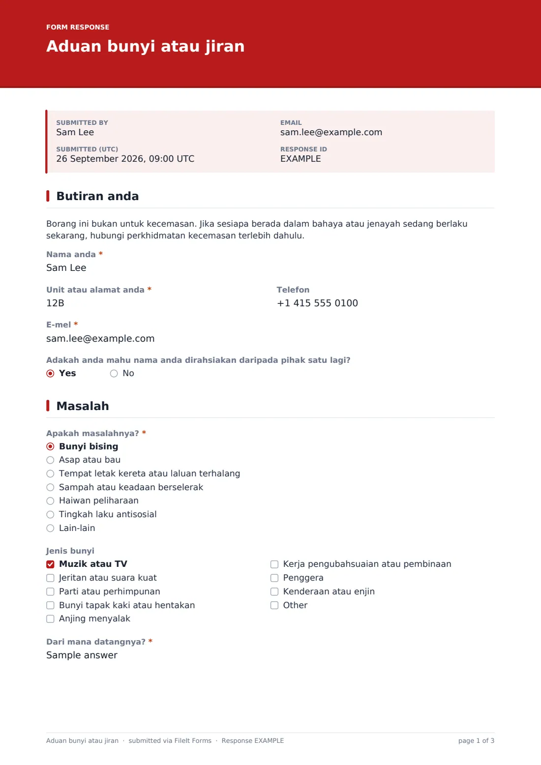 Aduan bunyi atau jiran — PDF respons contoh, halaman 1 daripada 3
