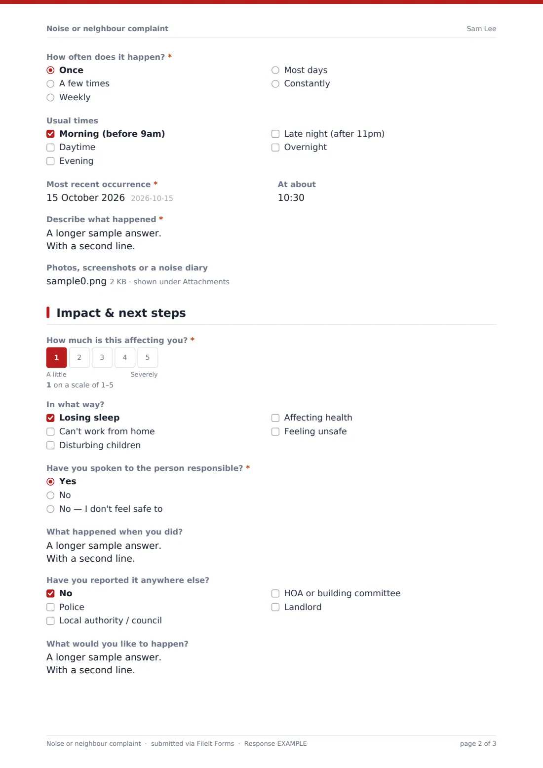 Noise or neighbour complaint — example response PDF, page 2 of 3