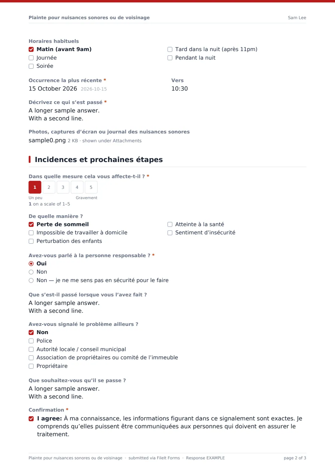 Plainte pour nuisances sonores ou de voisinage — exemple de réponse au format PDF, page 2 sur 3