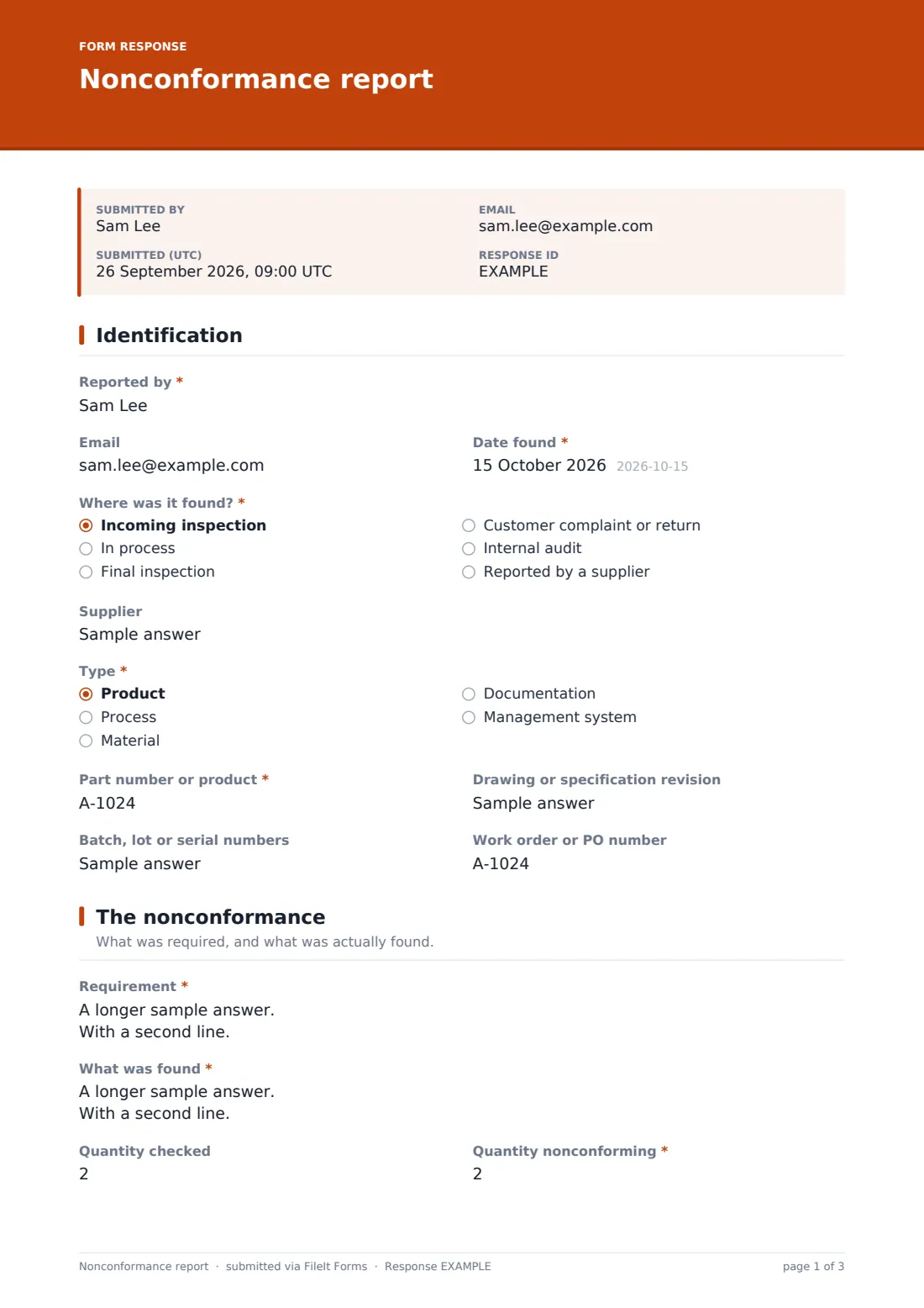 Nonconformance report — example response PDF, page 1 of 3