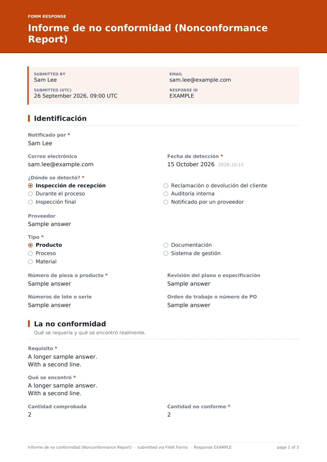 Informe de no conformidad (Nonconformance Report) — PDF de respuesta de ejemplo, página 1 de 3
