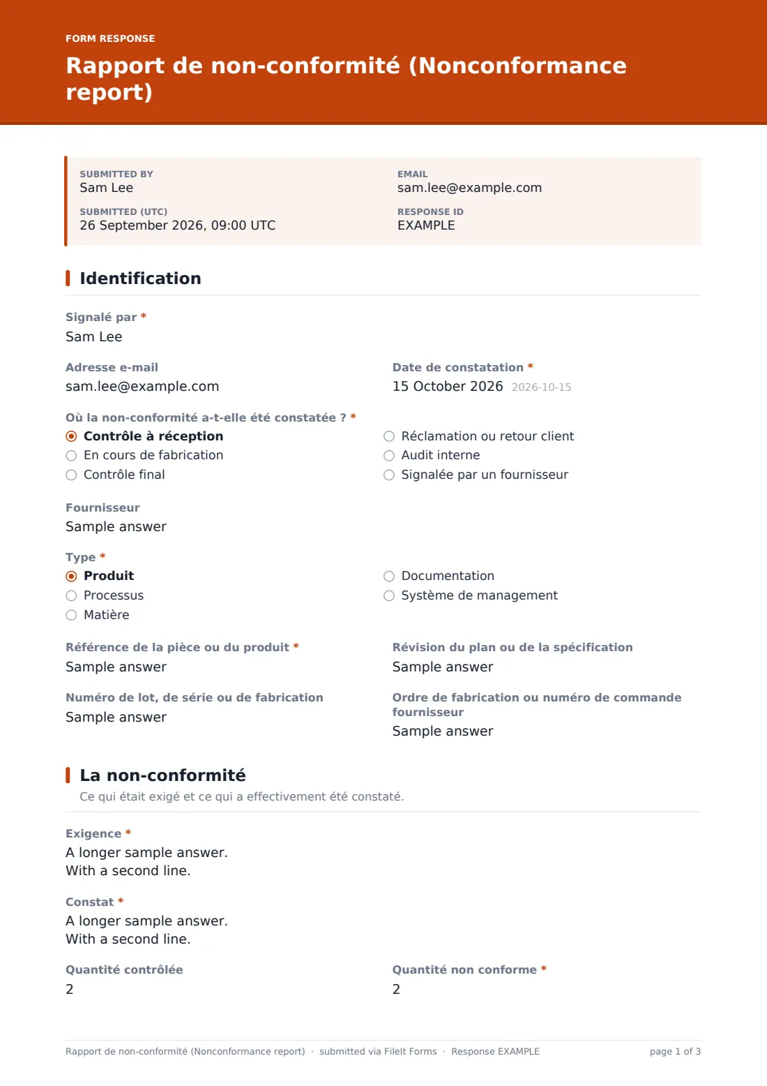 Rapport de non-conformité (Nonconformance report) — exemple de réponse au format PDF, page 1 sur 3