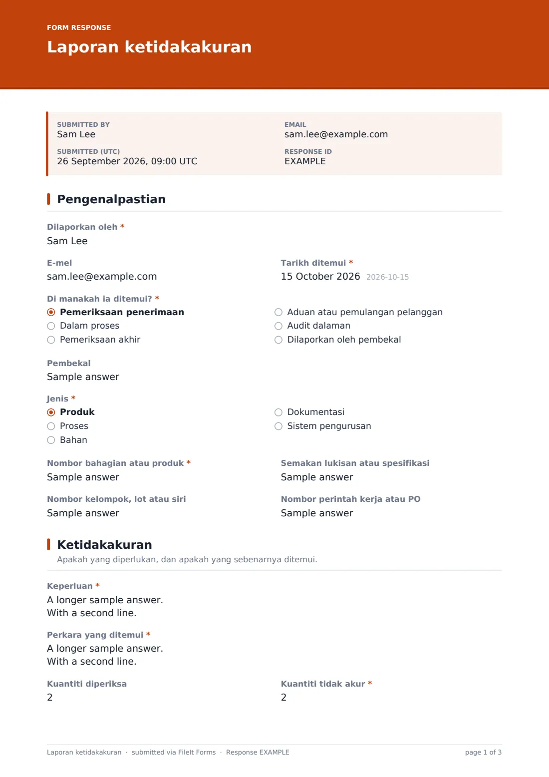 Laporan ketidakakuran — PDF respons contoh, halaman 1 daripada 3