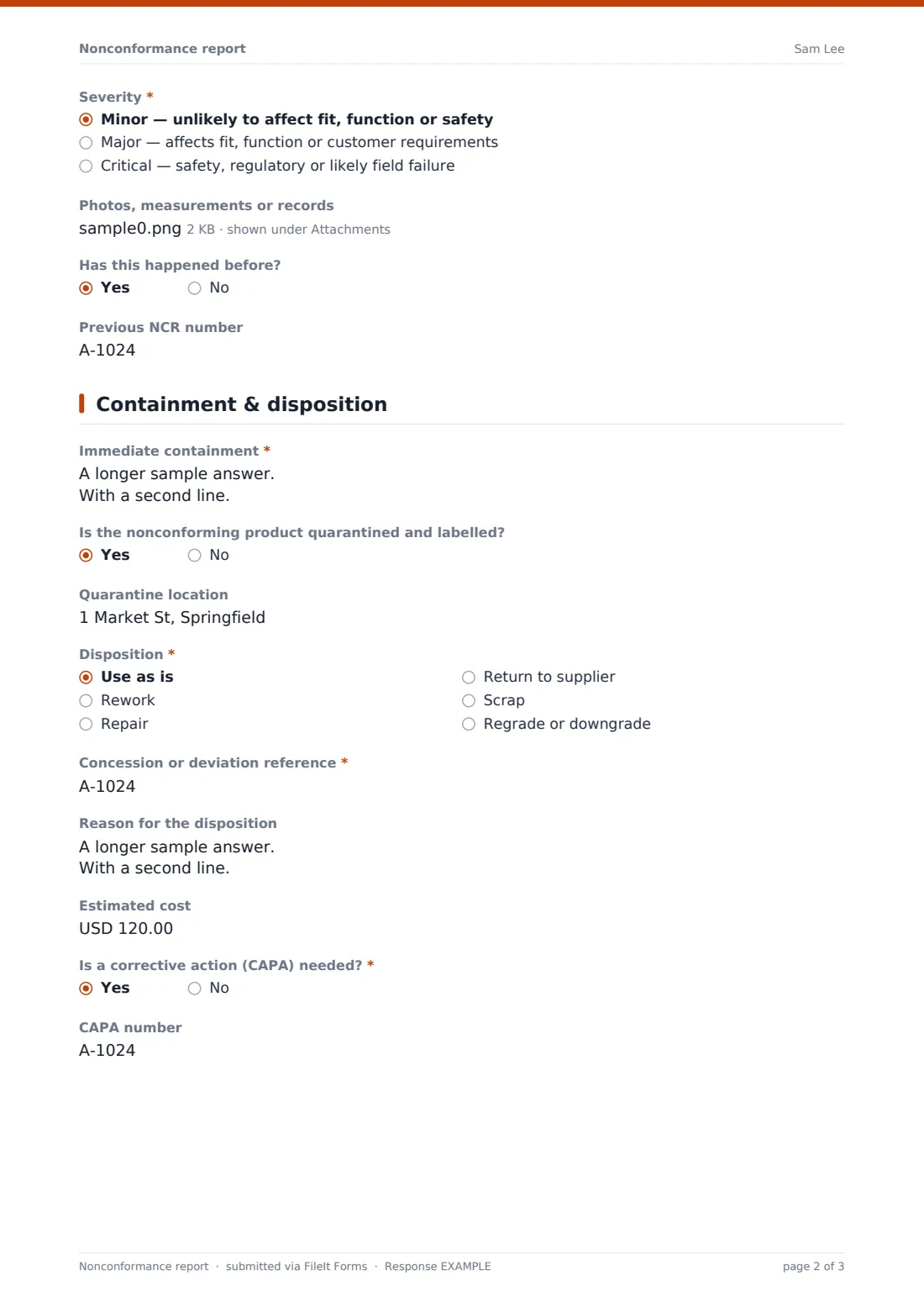 Nonconformance report — example response PDF, page 2 of 3