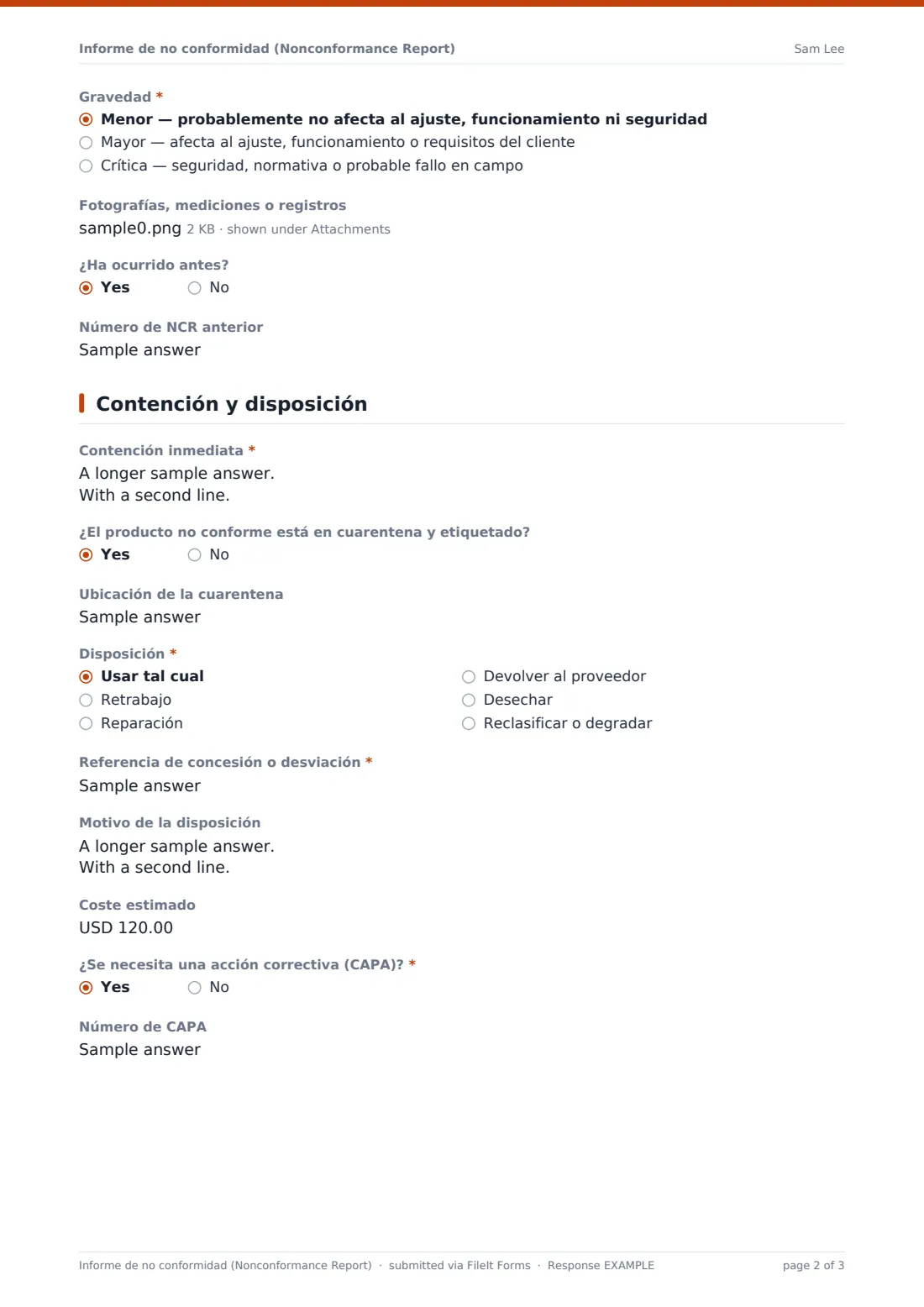 Informe de no conformidad (Nonconformance Report) — PDF de respuesta de ejemplo, página 2 de 3