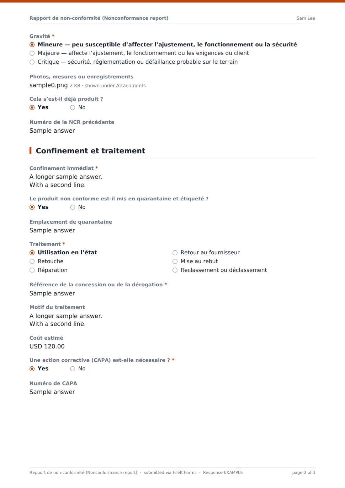 Rapport de non-conformité (Nonconformance report) — exemple de réponse au format PDF, page 2 sur 3