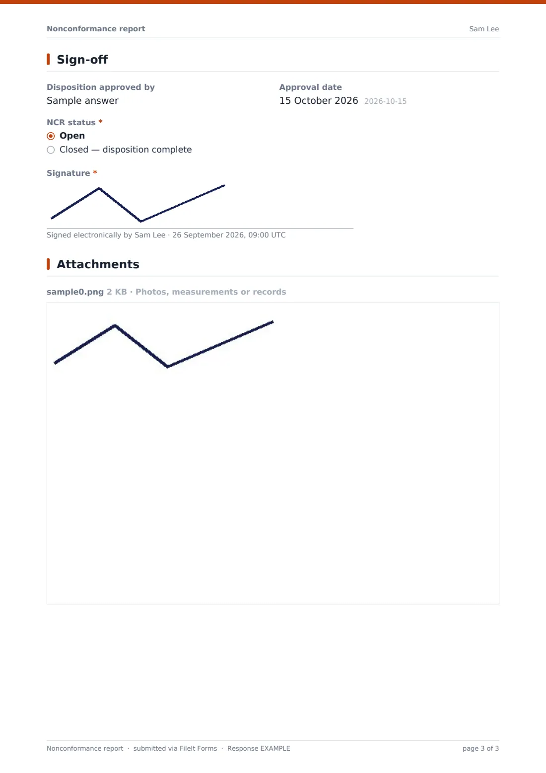 Nonconformance report — example response PDF, page 3 of 3