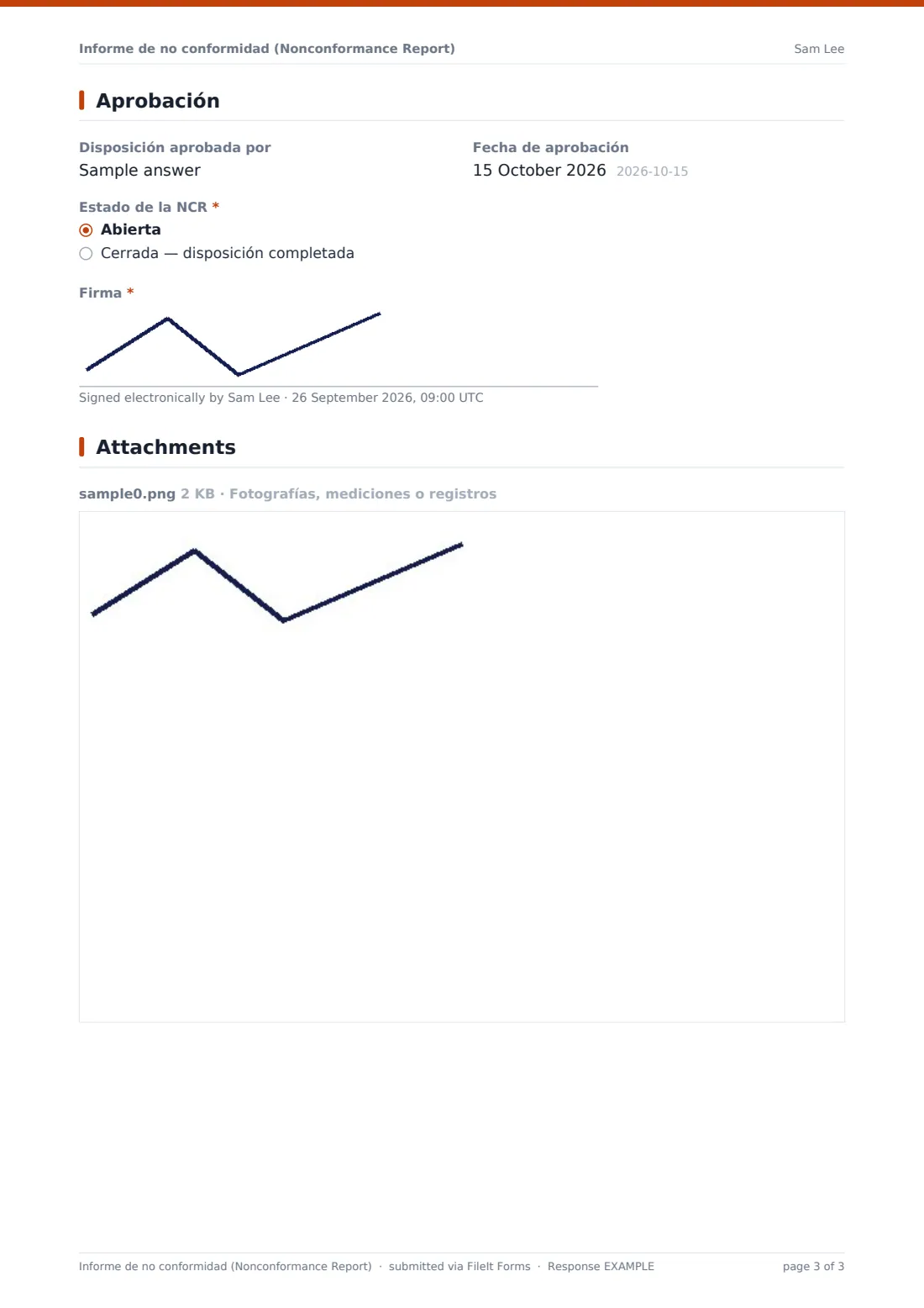 Informe de no conformidad (Nonconformance Report) — PDF de respuesta de ejemplo, página 3 de 3