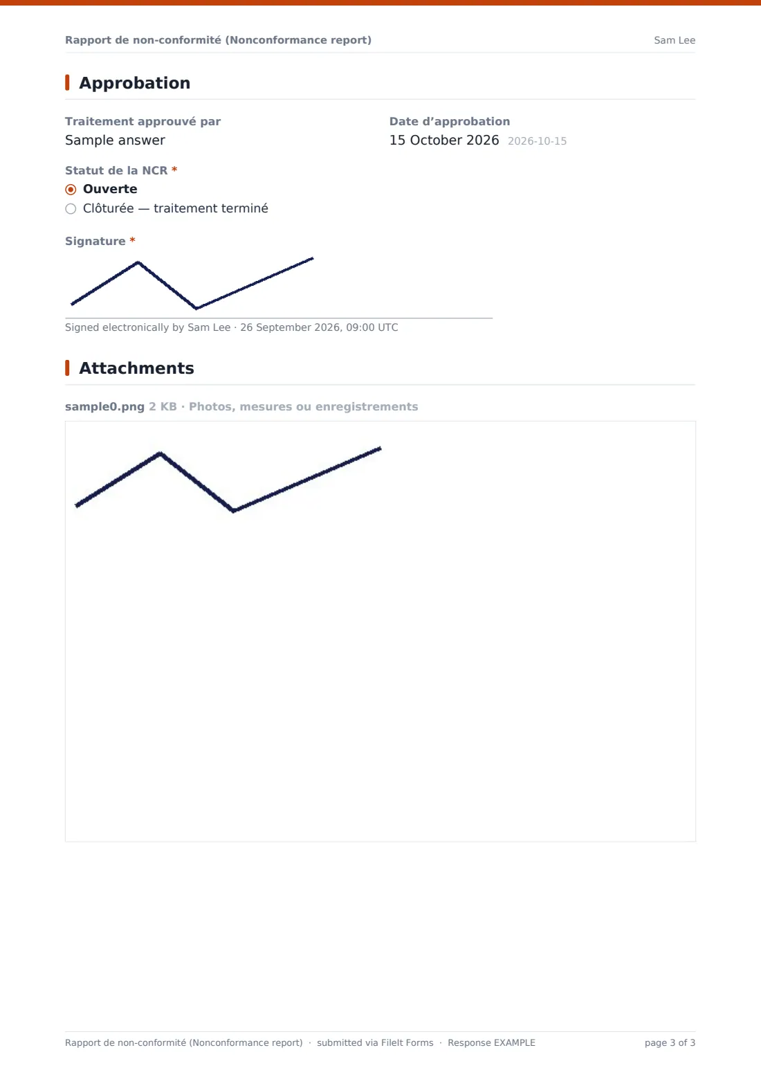 Rapport de non-conformité (Nonconformance report) — exemple de réponse au format PDF, page 3 sur 3
