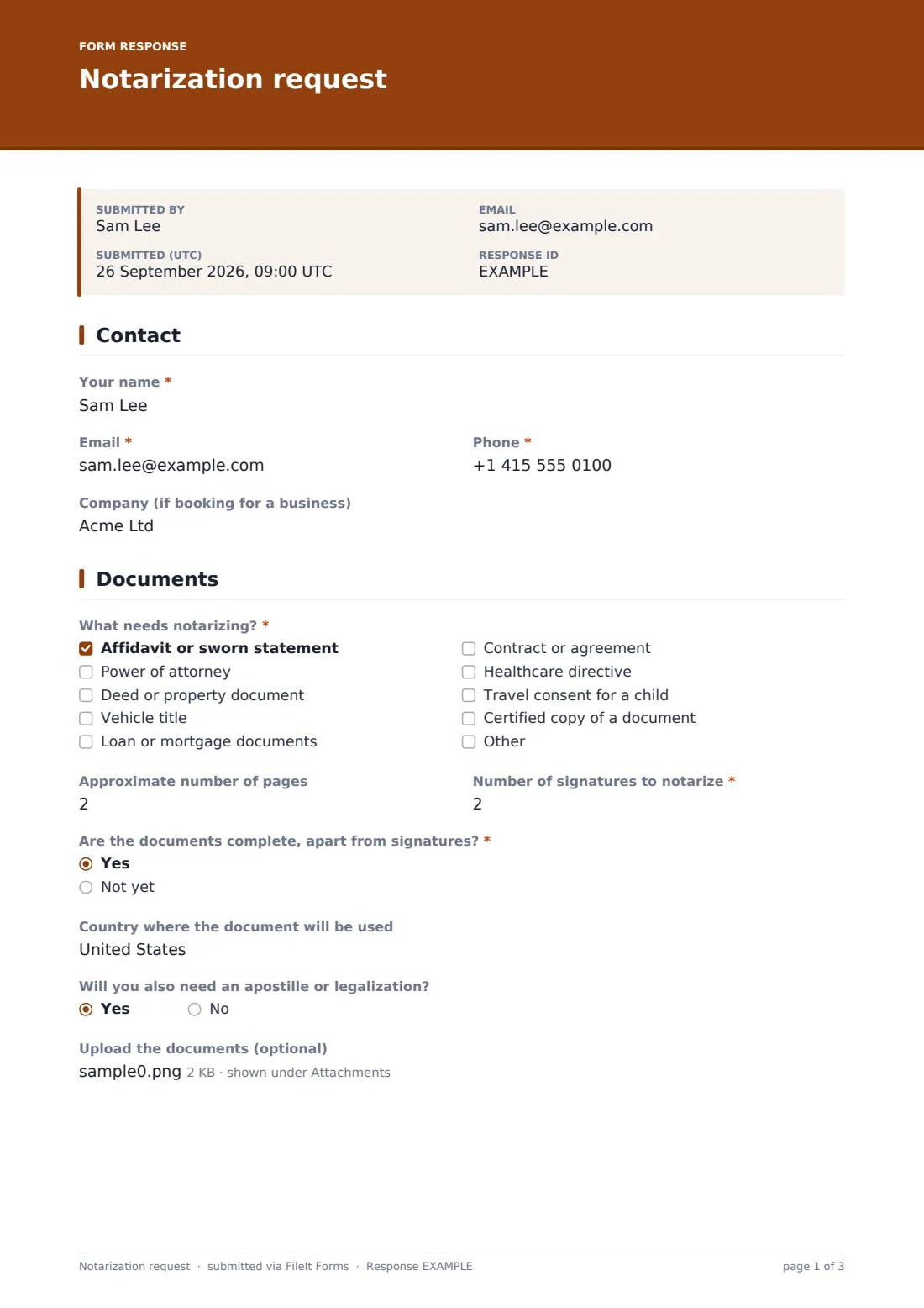 Notarization request — example response PDF, page 1 of 3