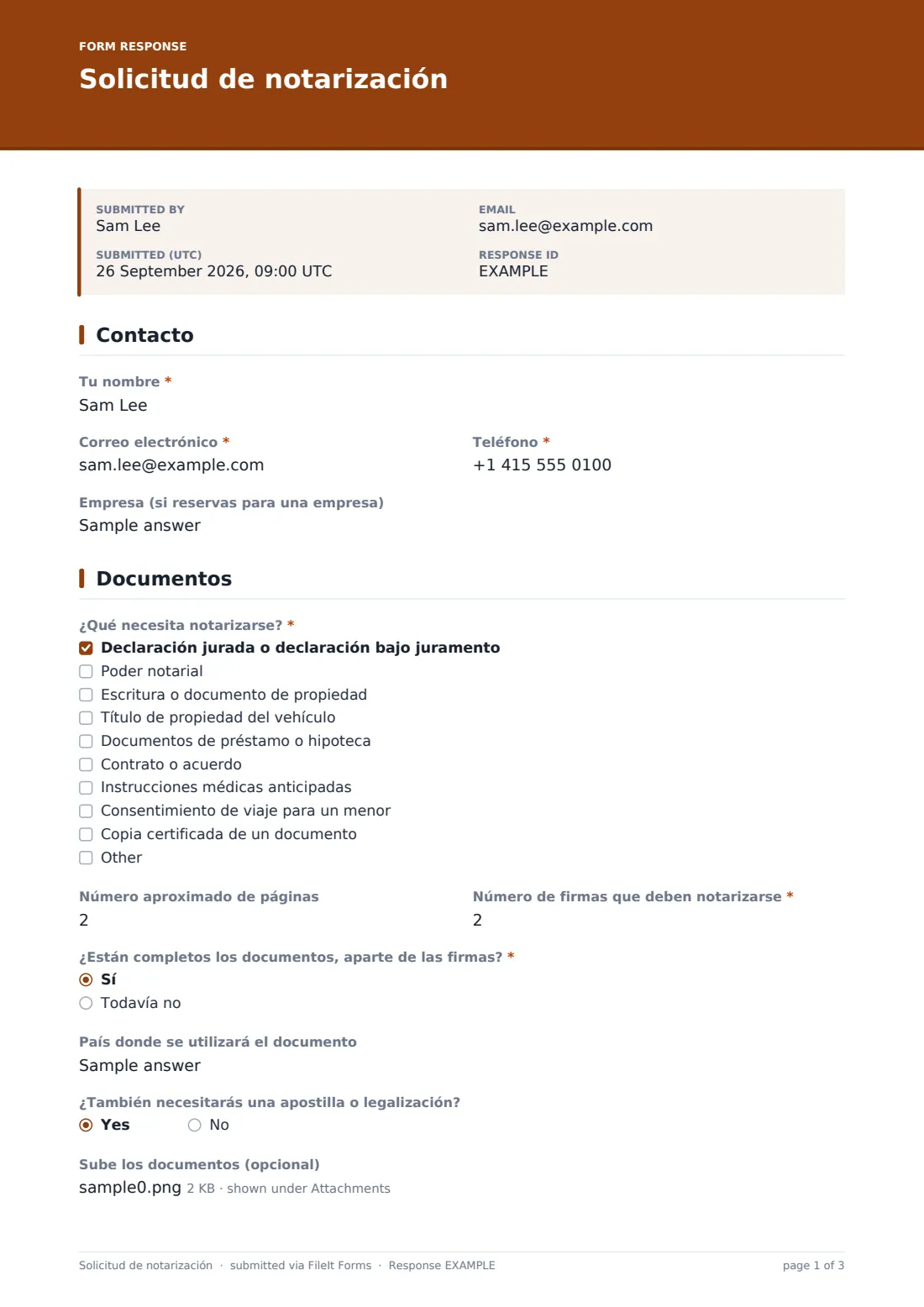 Solicitud de notarización — PDF de respuesta de ejemplo, página 1 de 3