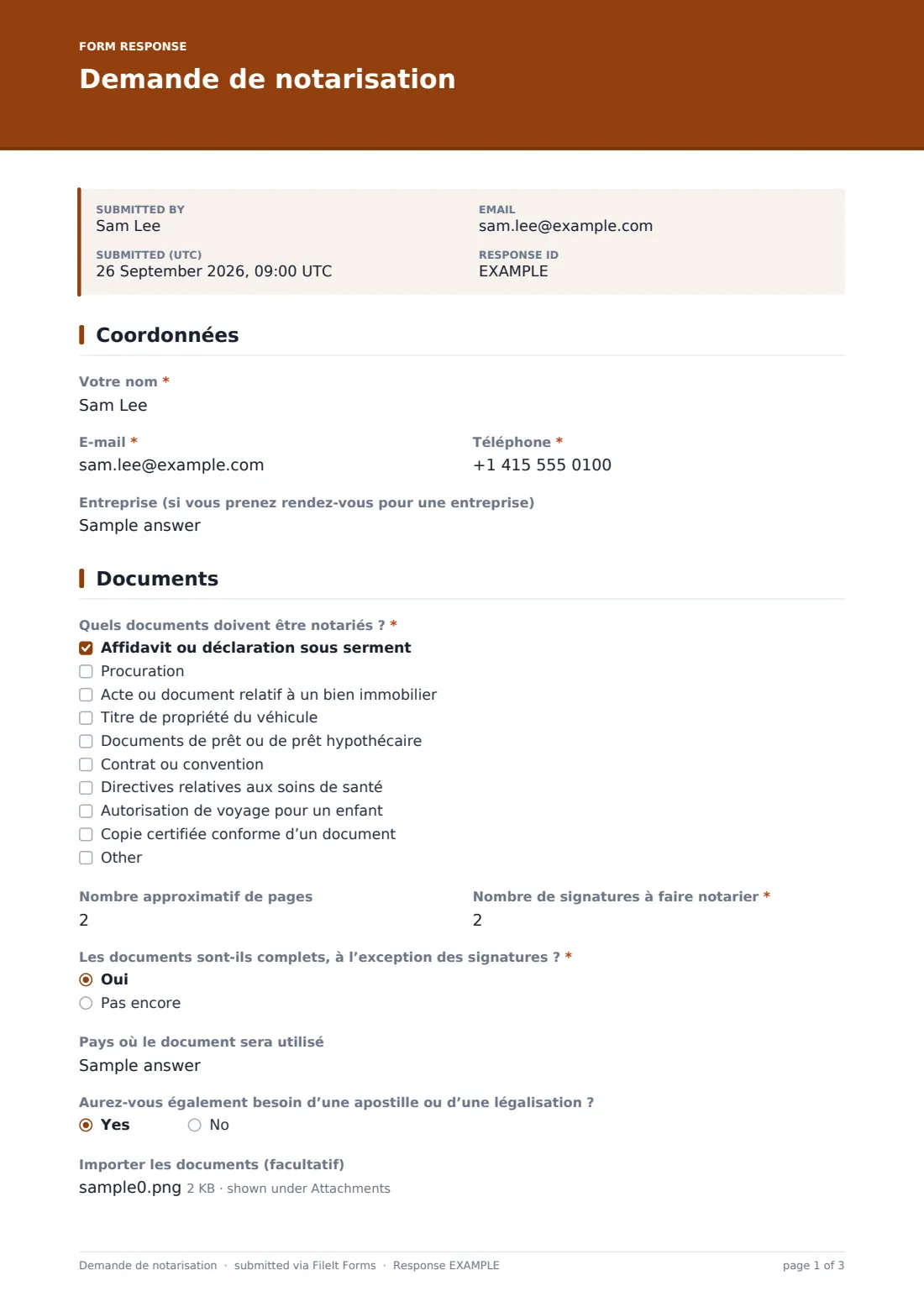 Demande de notarisation — exemple de réponse au format PDF, page 1 sur 3