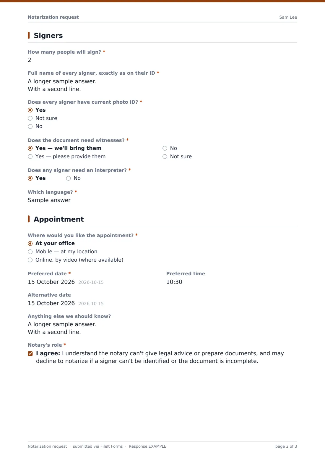 Notarization request — example response PDF, page 2 of 3