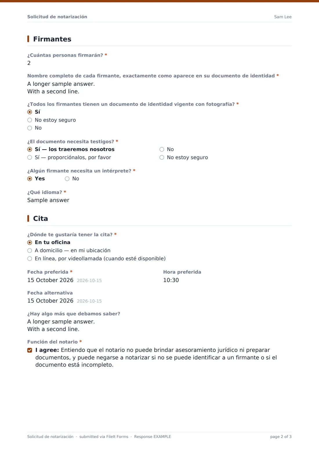 Solicitud de notarización — PDF de respuesta de ejemplo, página 2 de 3