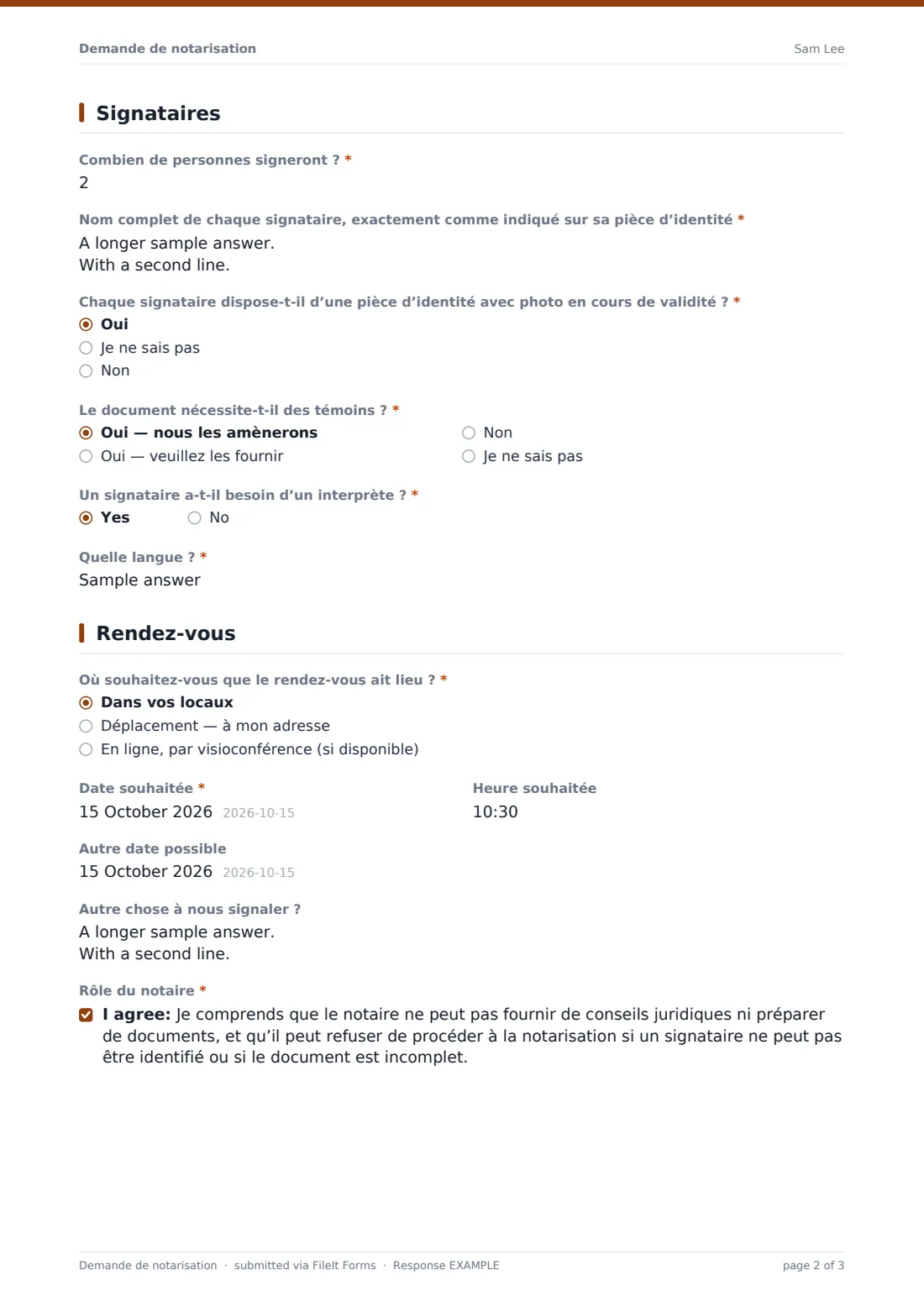 Demande de notarisation — exemple de réponse au format PDF, page 2 sur 3