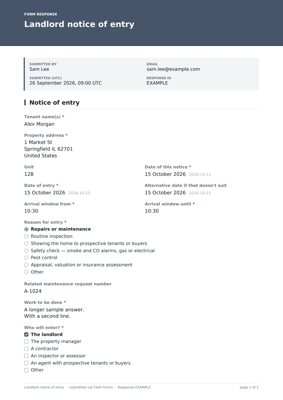 Landlord notice of entry — example response PDF, page 1 of 2