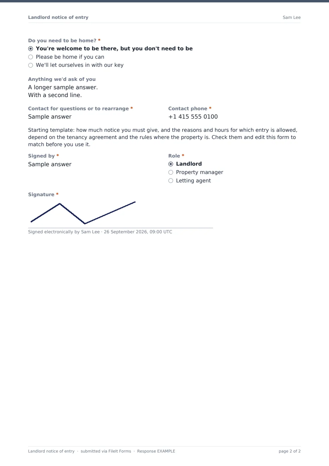 Landlord notice of entry — example response PDF, page 2 of 2