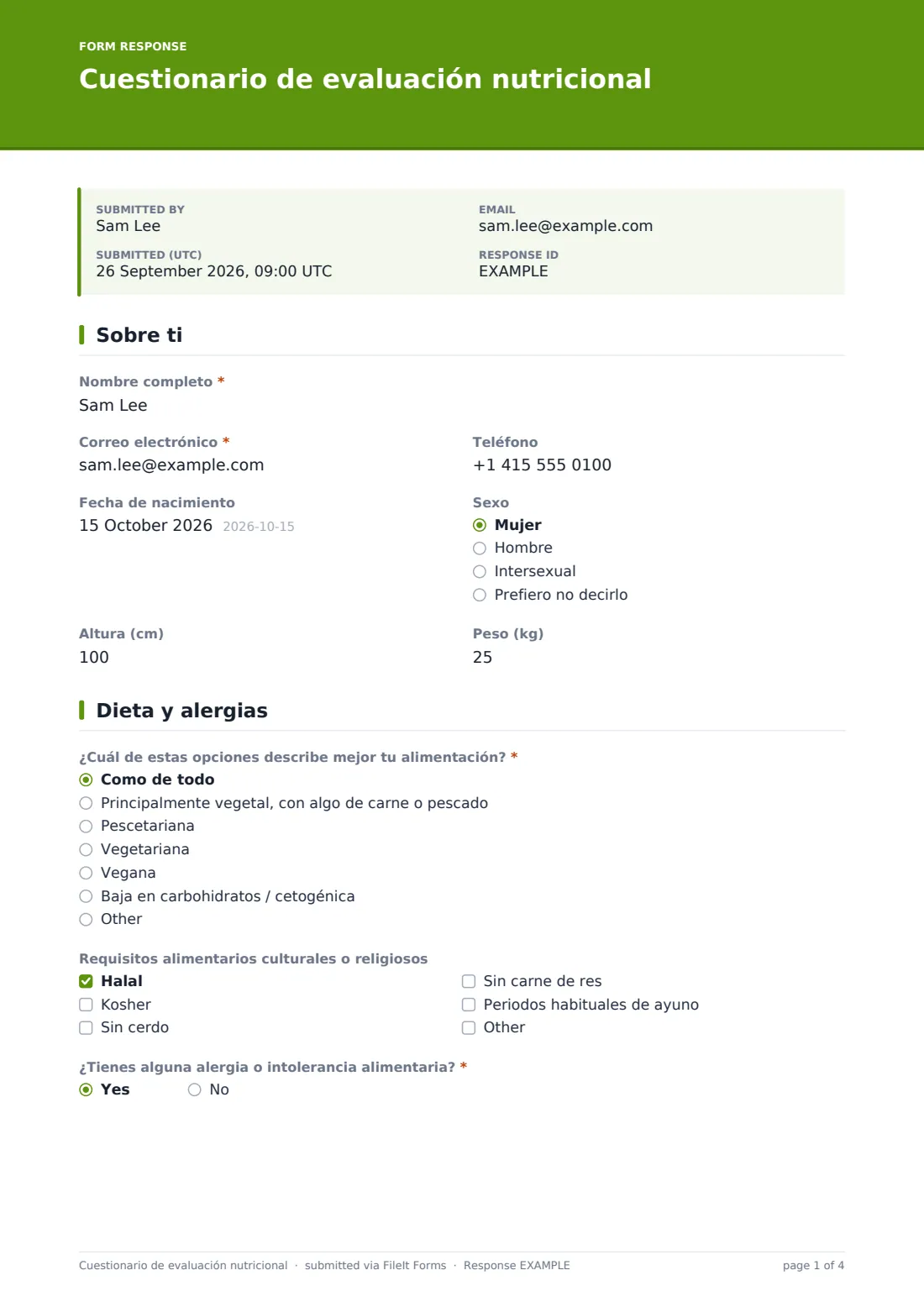 Cuestionario de evaluación nutricional — PDF de respuesta de ejemplo, página 1 de 4