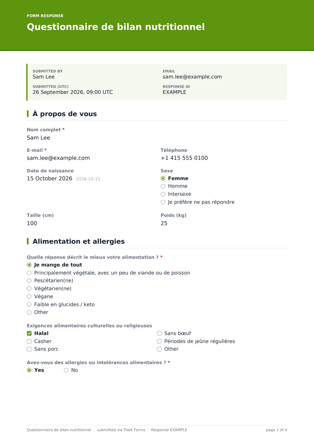 Questionnaire de bilan nutritionnel — exemple de réponse au format PDF, page 1 sur 4