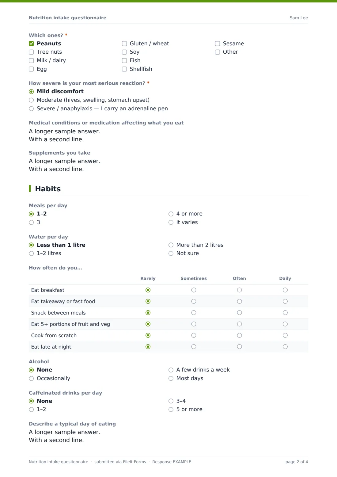 Nutrition intake questionnaire — example response PDF, page 2 of 4