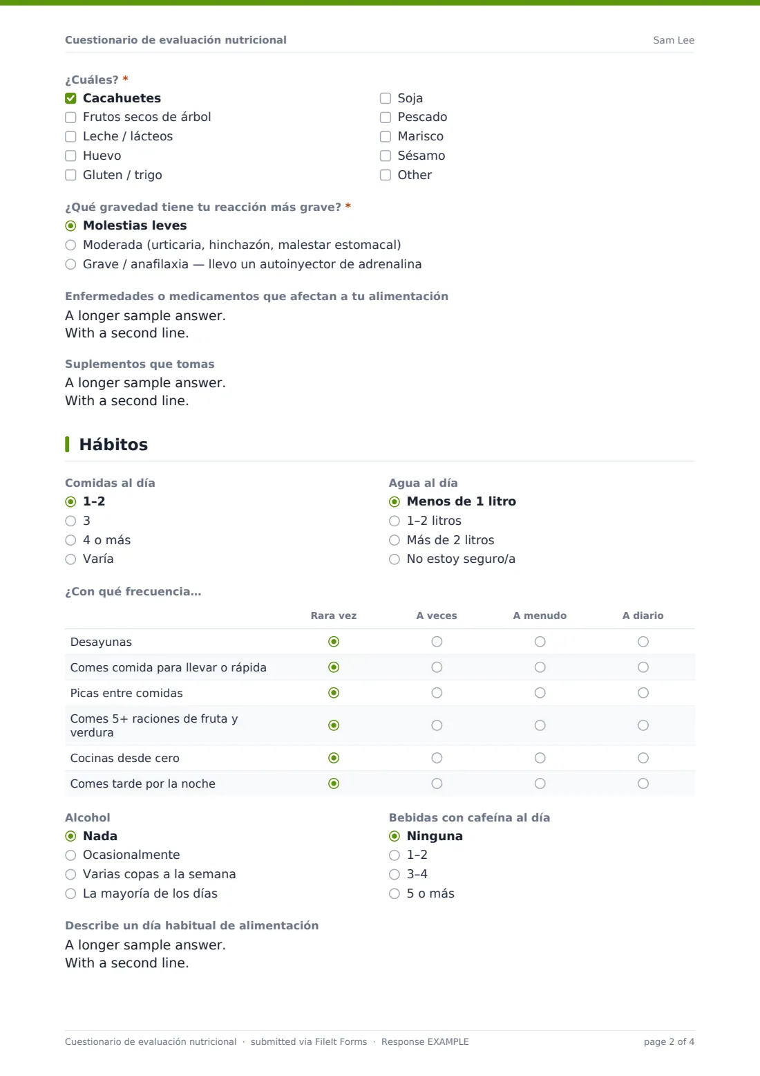Cuestionario de evaluación nutricional — PDF de respuesta de ejemplo, página 2 de 4