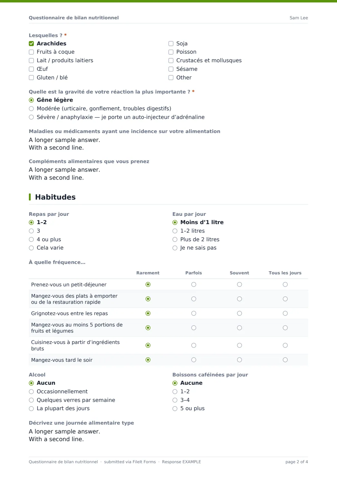 Questionnaire de bilan nutritionnel — exemple de réponse au format PDF, page 2 sur 4