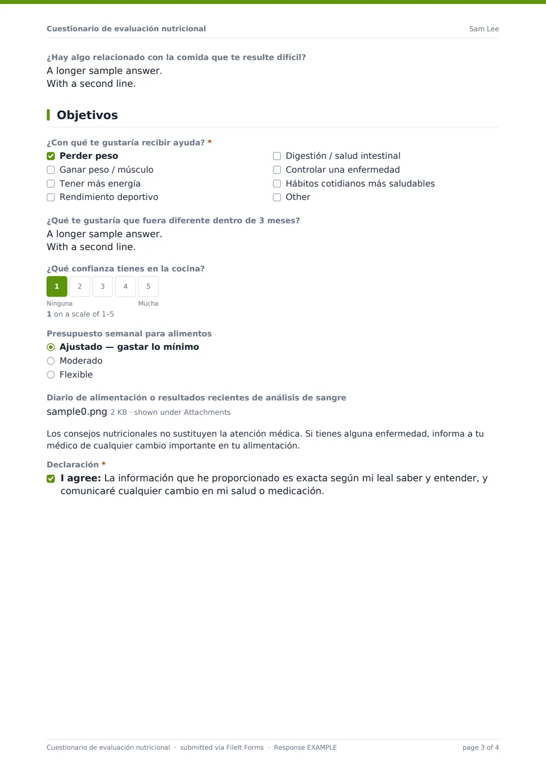 Cuestionario de evaluación nutricional — PDF de respuesta de ejemplo, página 3 de 4