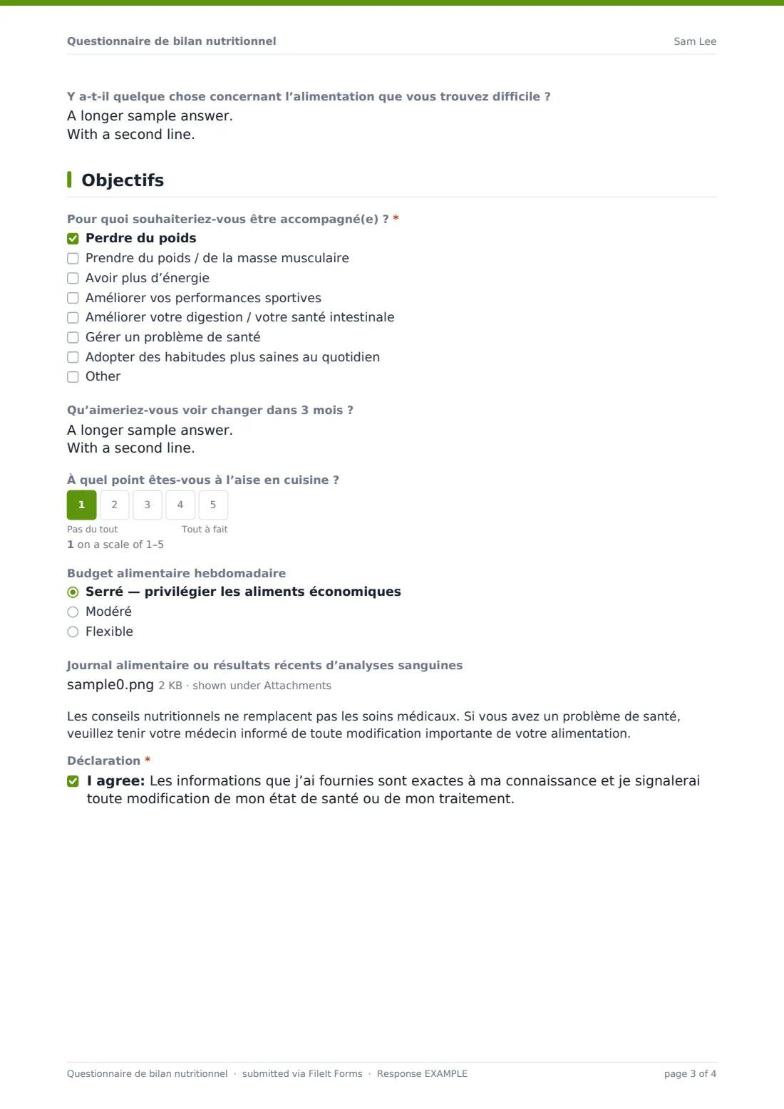 Questionnaire de bilan nutritionnel — exemple de réponse au format PDF, page 3 sur 4