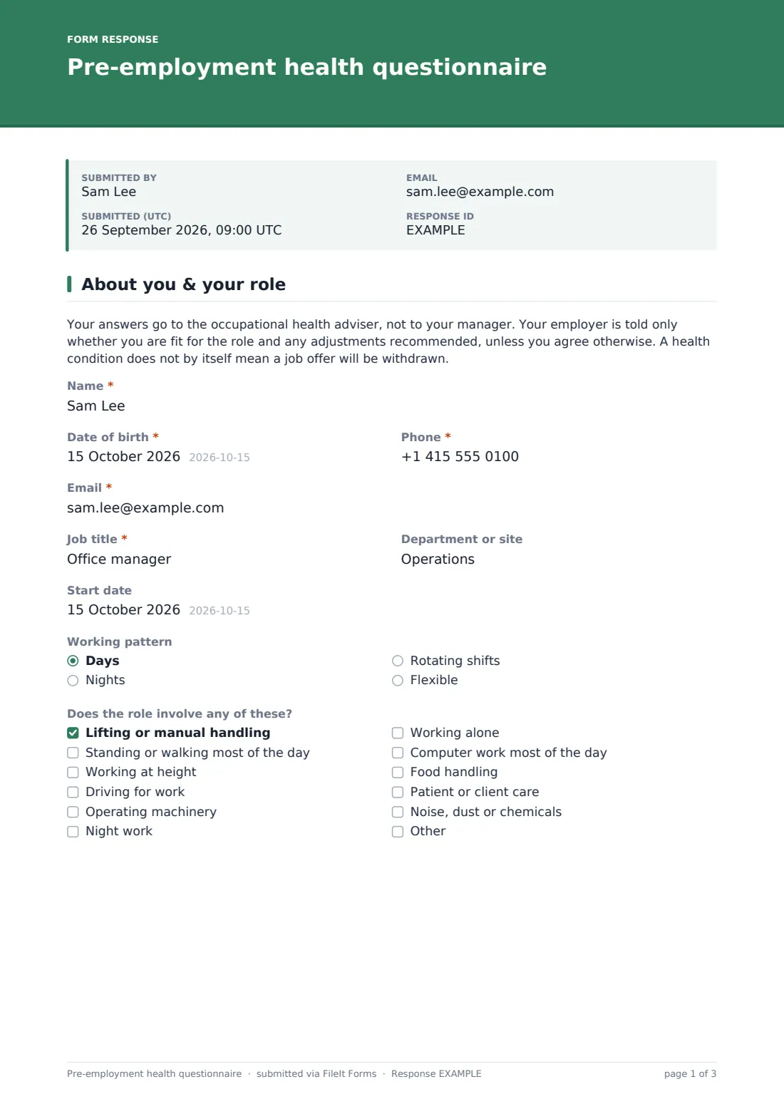 Pre-employment health questionnaire — example response PDF, page 1 of 3