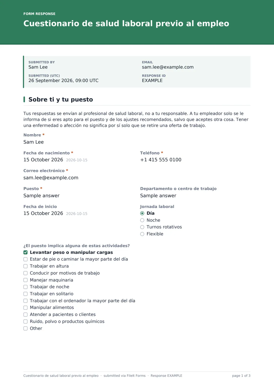 Cuestionario de salud laboral previo al empleo — PDF de respuesta de ejemplo, página 1 de 3