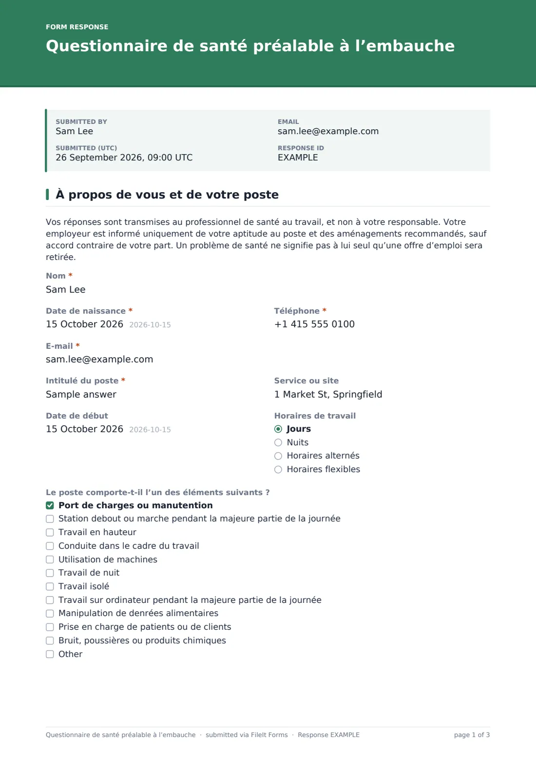 Questionnaire de santé préalable à l’embauche — exemple de réponse au format PDF, page 1 sur 3