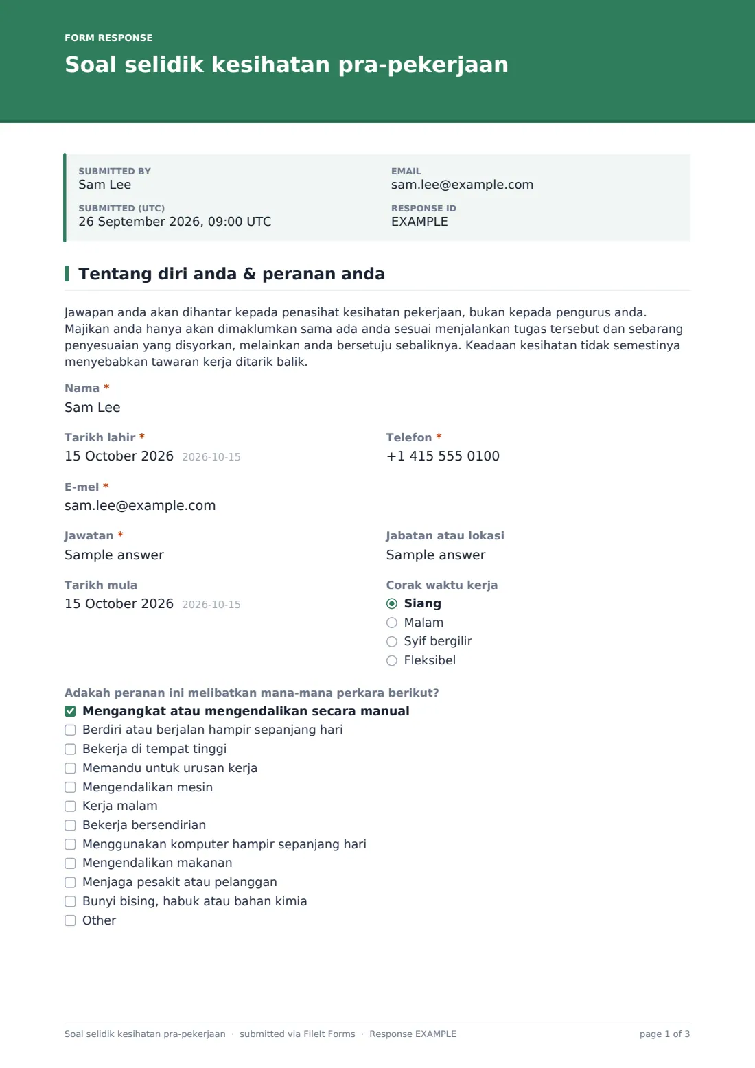 Soal selidik kesihatan pra-pekerjaan — PDF respons contoh, halaman 1 daripada 3