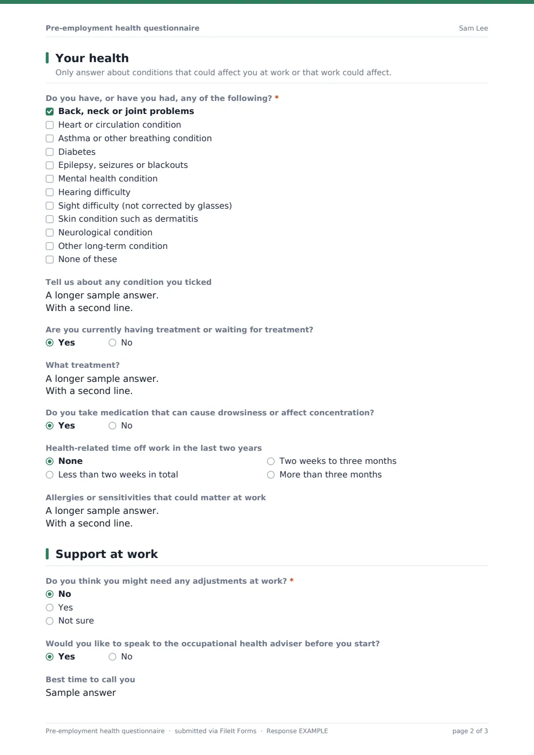 Pre-employment health questionnaire — example response PDF, page 2 of 3