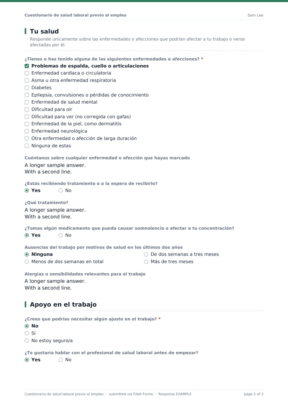 Cuestionario de salud laboral previo al empleo — PDF de respuesta de ejemplo, página 2 de 3