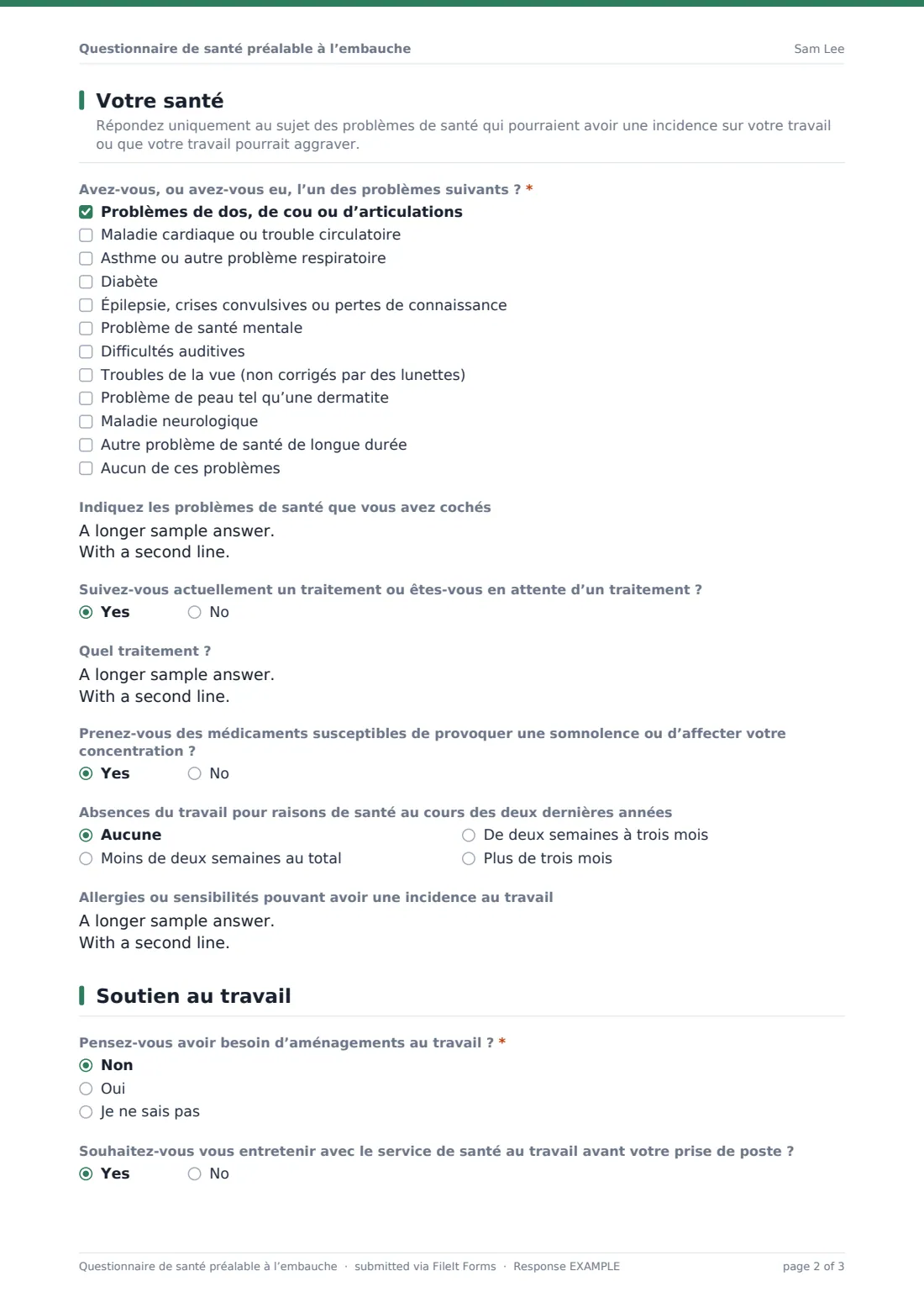 Questionnaire de santé préalable à l’embauche — exemple de réponse au format PDF, page 2 sur 3
