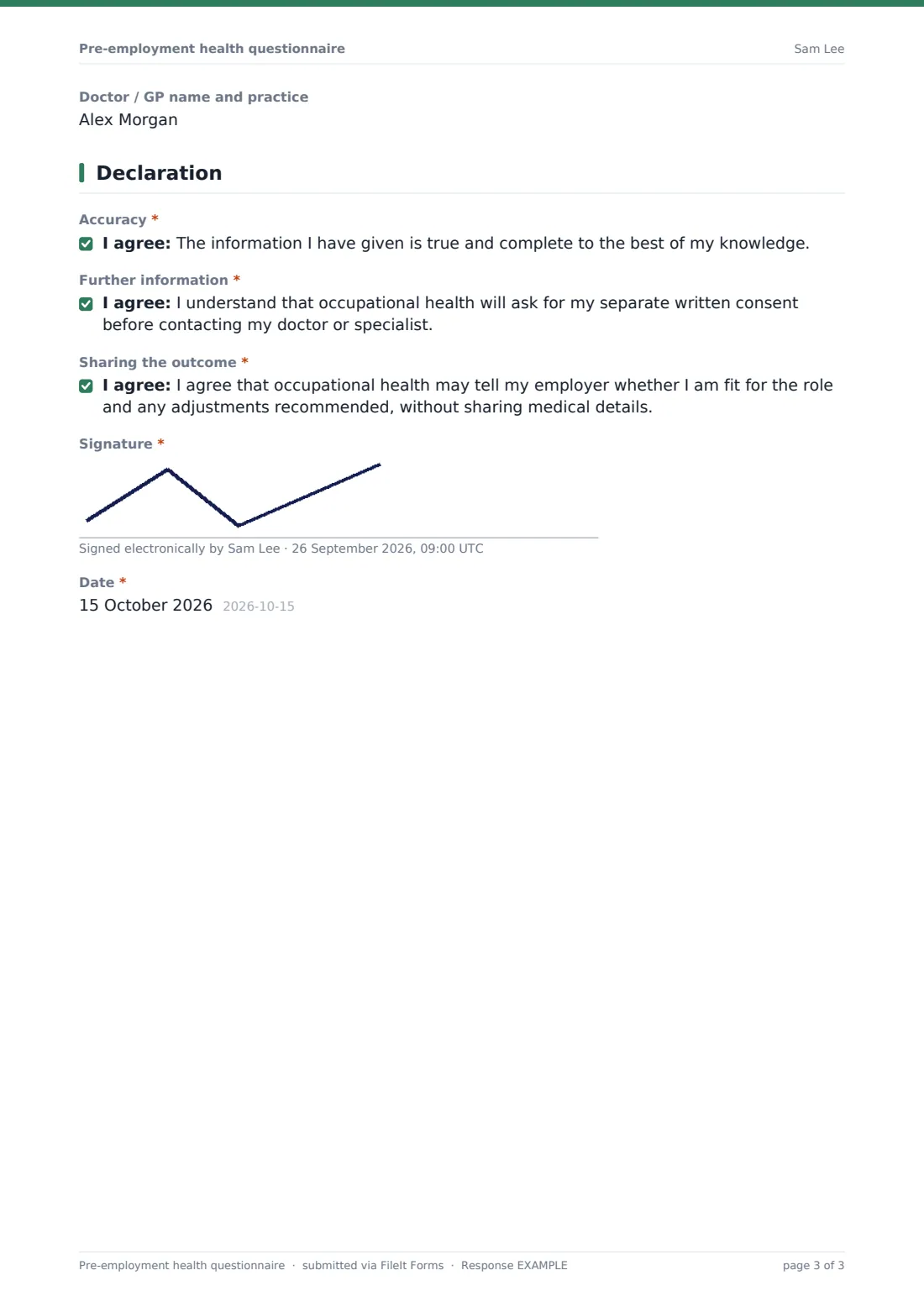 Pre-employment health questionnaire — example response PDF, page 3 of 3