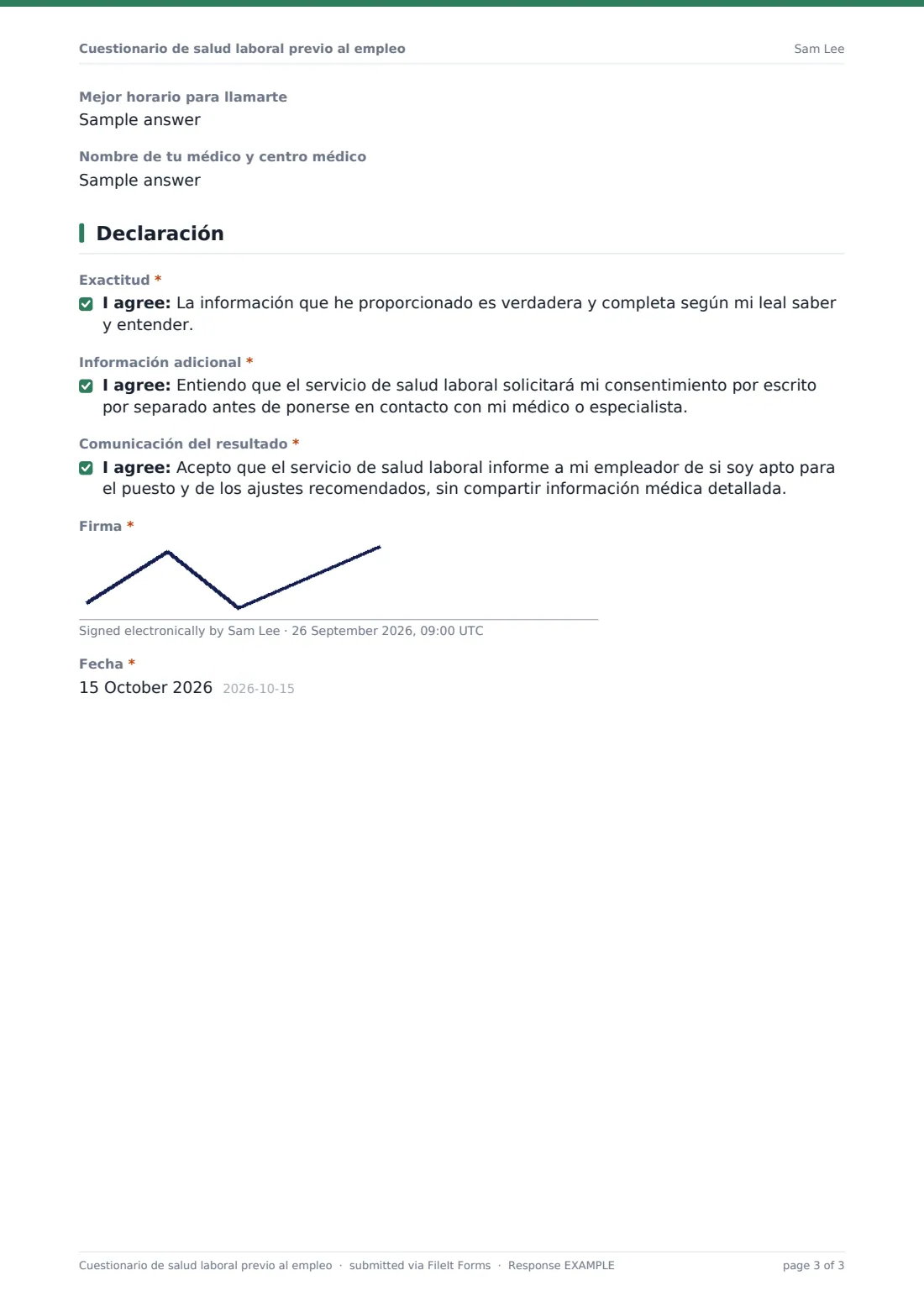 Cuestionario de salud laboral previo al empleo — PDF de respuesta de ejemplo, página 3 de 3