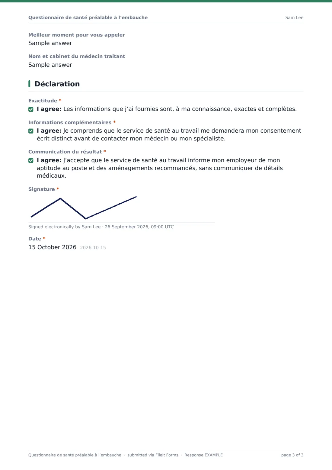 Questionnaire de santé préalable à l’embauche — exemple de réponse au format PDF, page 3 sur 3