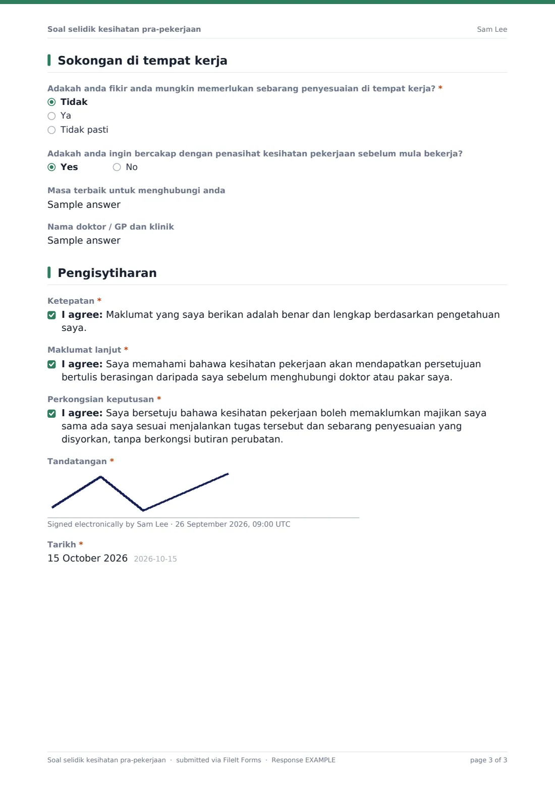 Soal selidik kesihatan pra-pekerjaan — PDF respons contoh, halaman 3 daripada 3