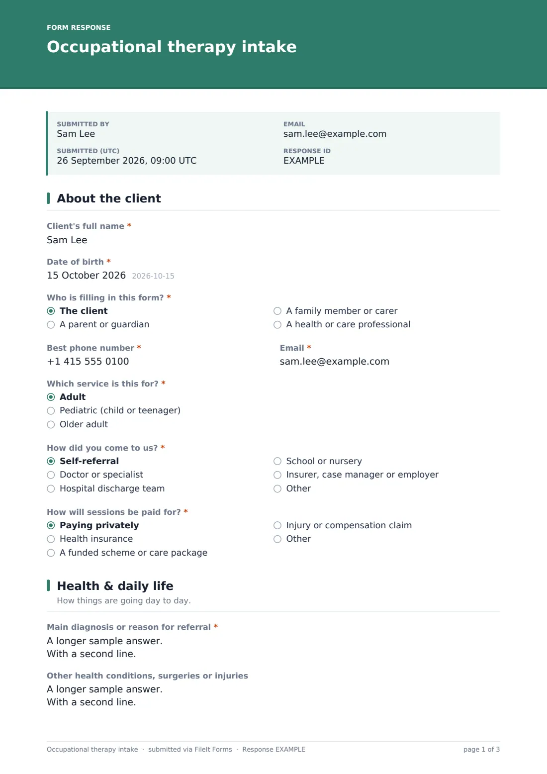 Occupational therapy intake — example response PDF, page 1 of 3
