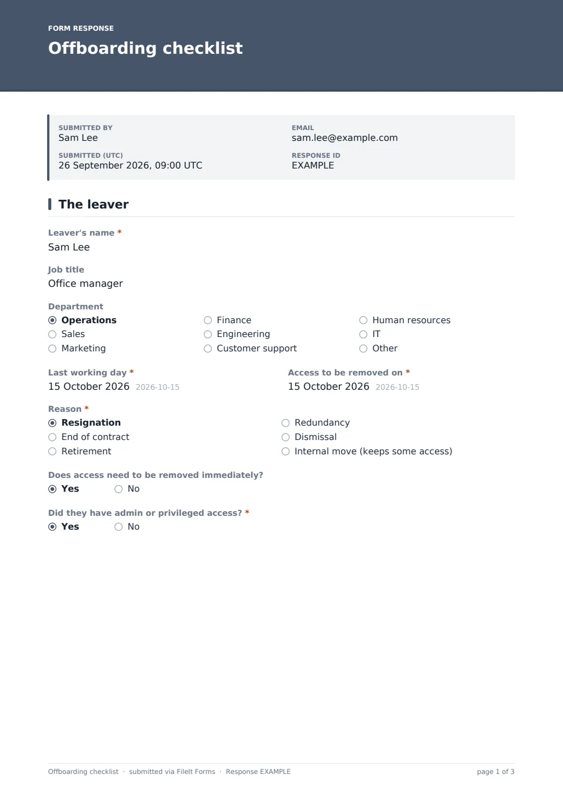 Offboarding checklist — example response PDF, page 1 of 3